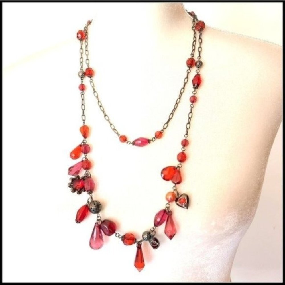 Vintage Necklace Red Color Beads Lucky Heart Flower Charm Double